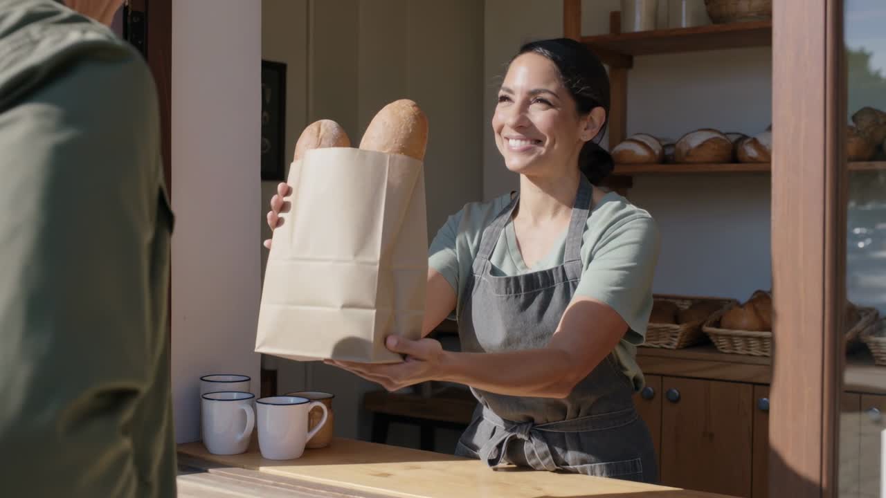 Cameriera con il grembiule che offre un sacchetto alla finestra della panetteria mentre il cliente allunga la mano per due baguette.