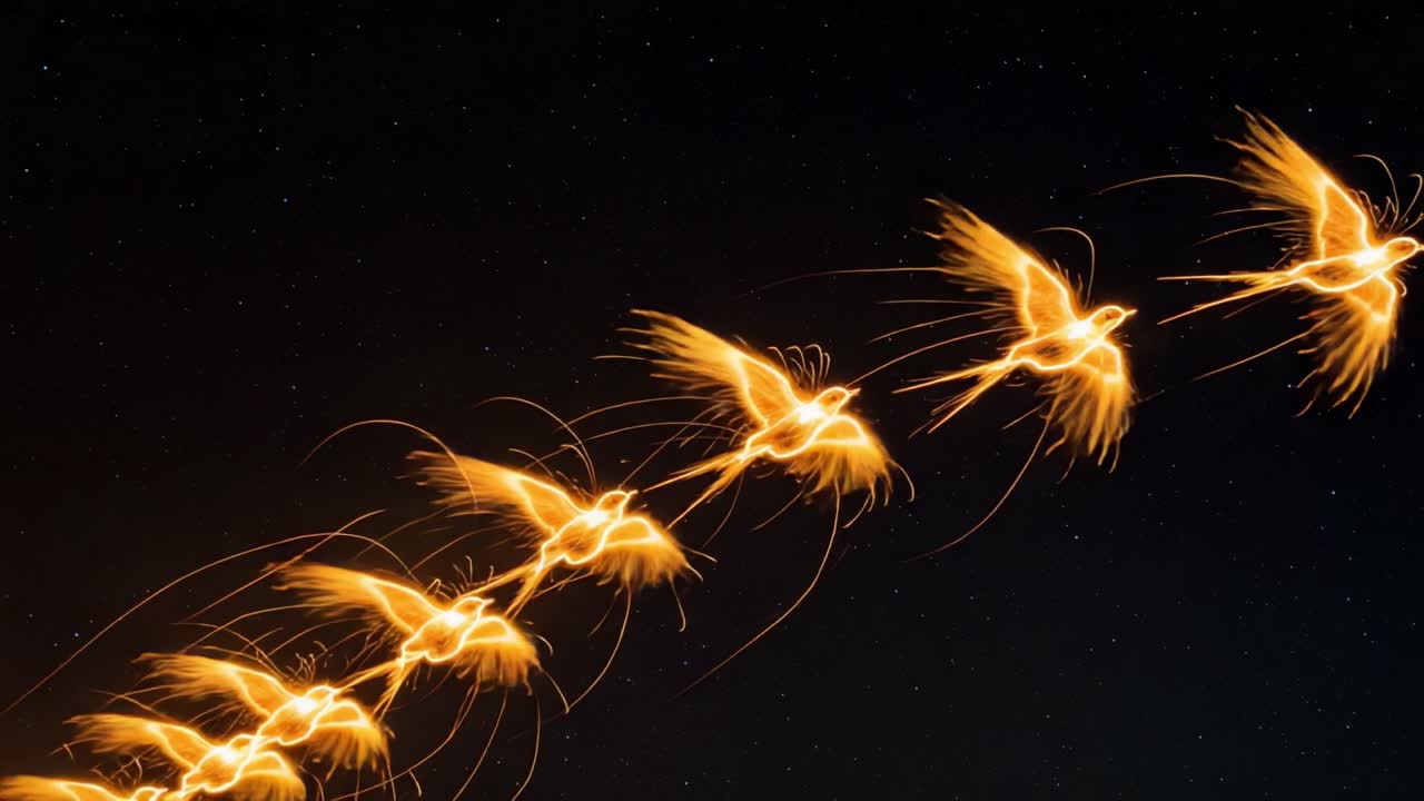 Captivating Display of Firebird Illusion: A sequence of glowing, fiery birds illuminated against the dark starry sky, capturing movement in an enchanting dance of light