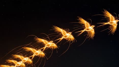 captivating display of firebird illusion: a sequence of glowing, fiery birds illuminated against the dark starry sky, capturing movement in an enchanting dance of light