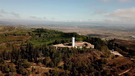 Drone-view-of-the-Ardenica-monastery-in-Albania,-Europe