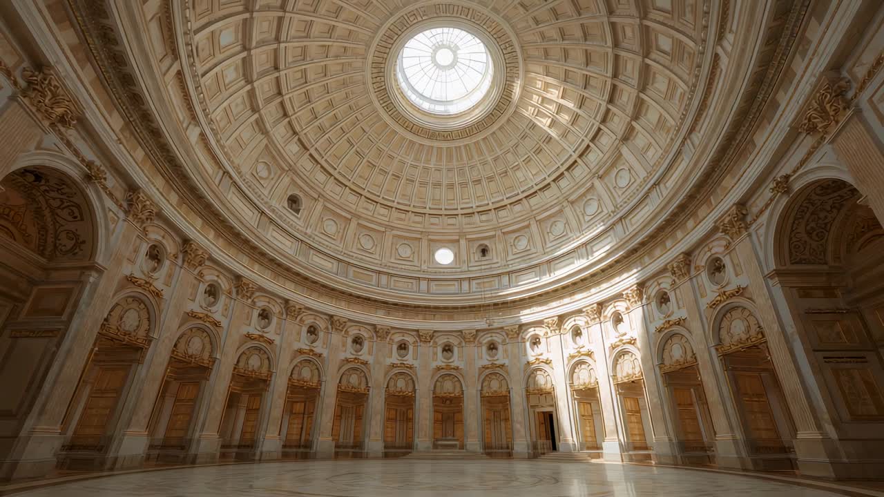 Camera tilting inside rotunda, revealing Corinthian columns, coffered dome and glass skylight