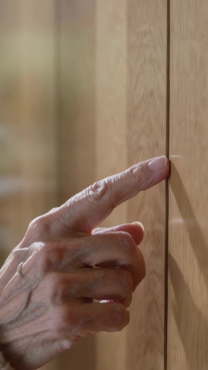 Vertical video: Reaching senior right hand pressing fingertip on cabinet seam at home, sweater cuff