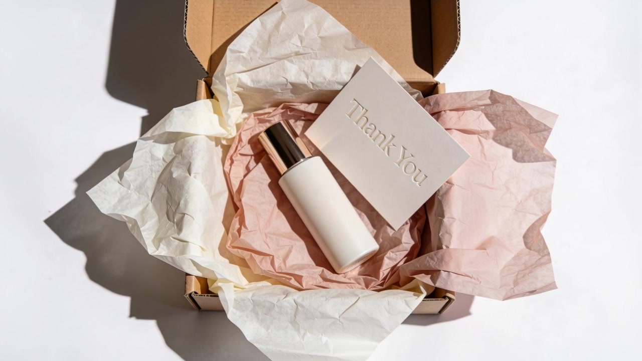 Camera panning revealing pump-bottle rose-gold cap and Thank-You card in kraft box on table for ads
