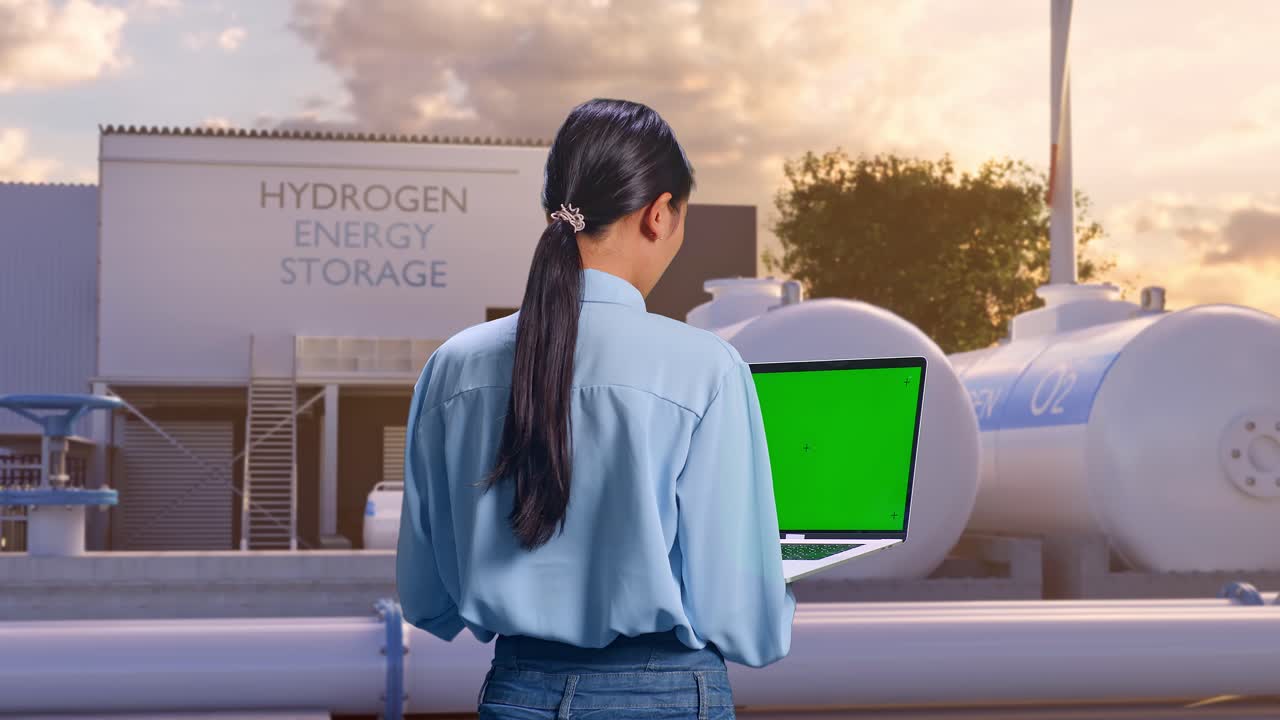 vista trasera de una trabajadora profesional asiática de pie en la fábrica de hidrógeno verde, instalación industrial de alta tecnología, escribiendo en el teclado de la computadora portátil con pantalla verde y mirar la fábrica una vez