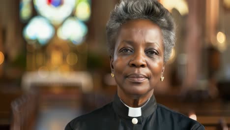 senior african american female priest wearing clerical collar standing confidently in church interior, facing camera with serene expression before turning away, embodying spiritual leadership