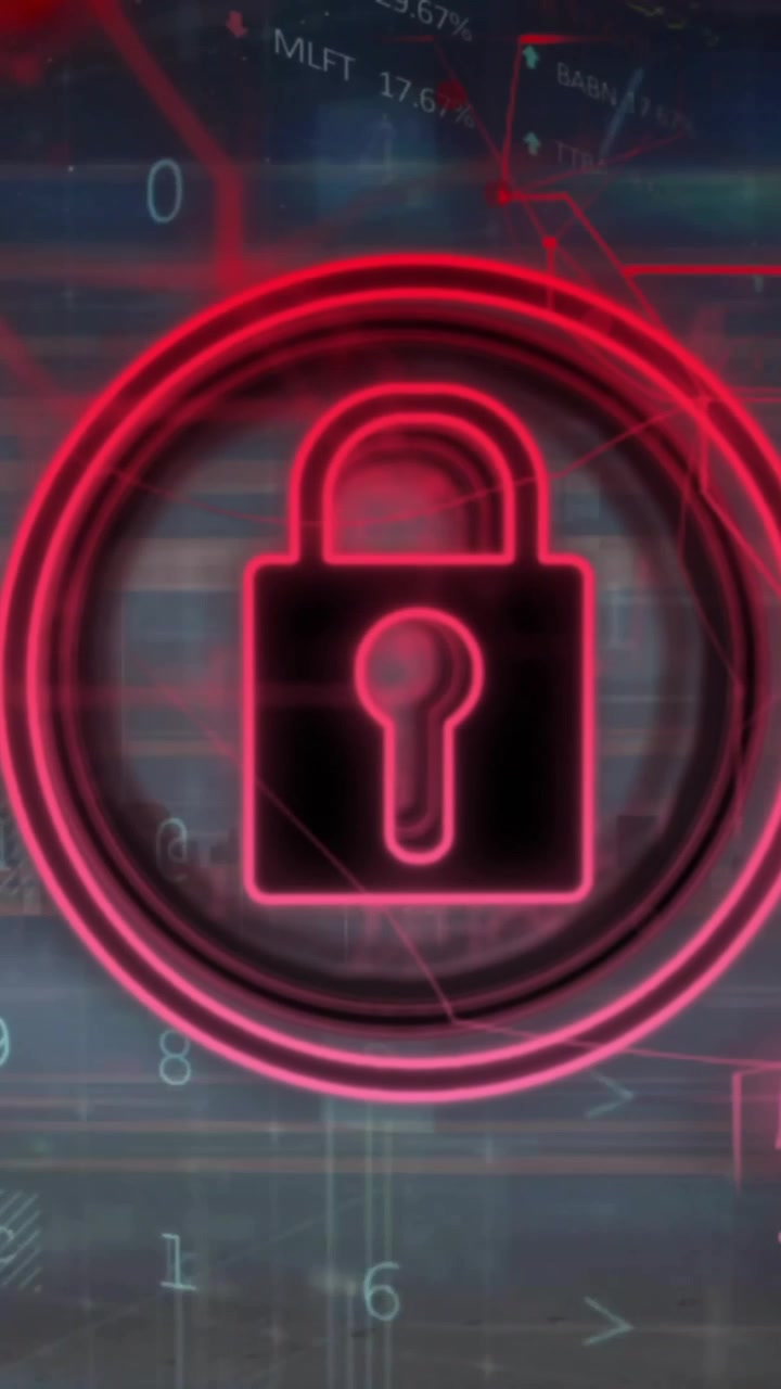 Animación de icono de candado y procesamiento de datos sobre fondo oscuro