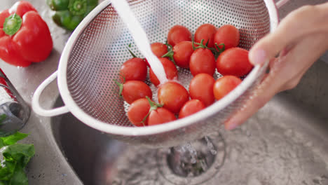 video of hands of caucasian woman with colander washing tomatoes