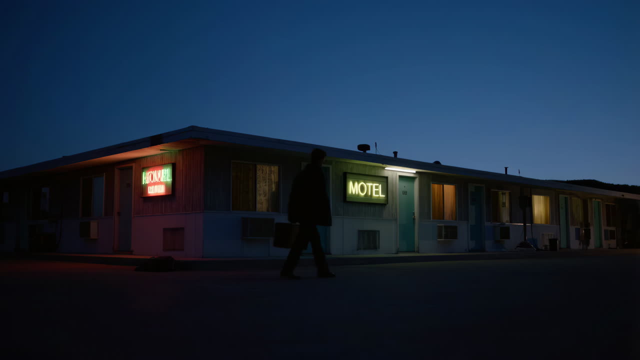 Personne passant devant un motel avec des enseignes néon la nuit