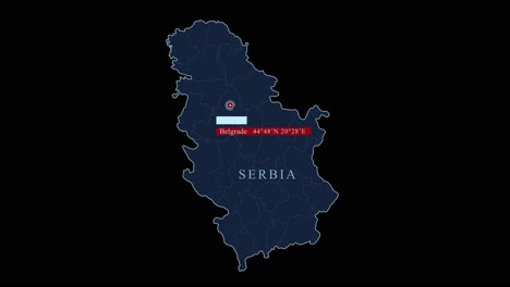 blue stylized serbia map with belgrade capital city and geographic coordinates on black background