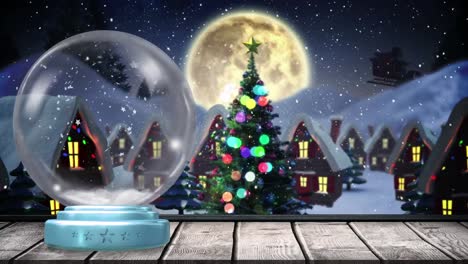 Animation-Der-Weihnachtsschneekugel-Mit-Vollmond-Und-Schnee,-Der-In-Der-Winterlandschaft-Fällt