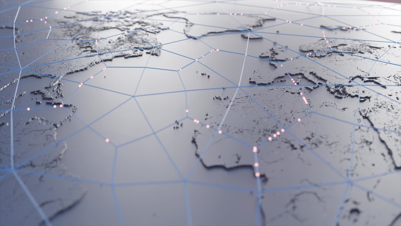 Tech earth globalization in 3d animation. Global Business dots on rotating planet.