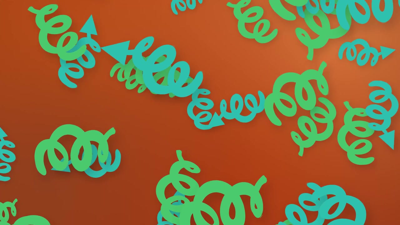 Green spiral and arrow shapes fall continuously against a vibrant orange mesh gradient background.