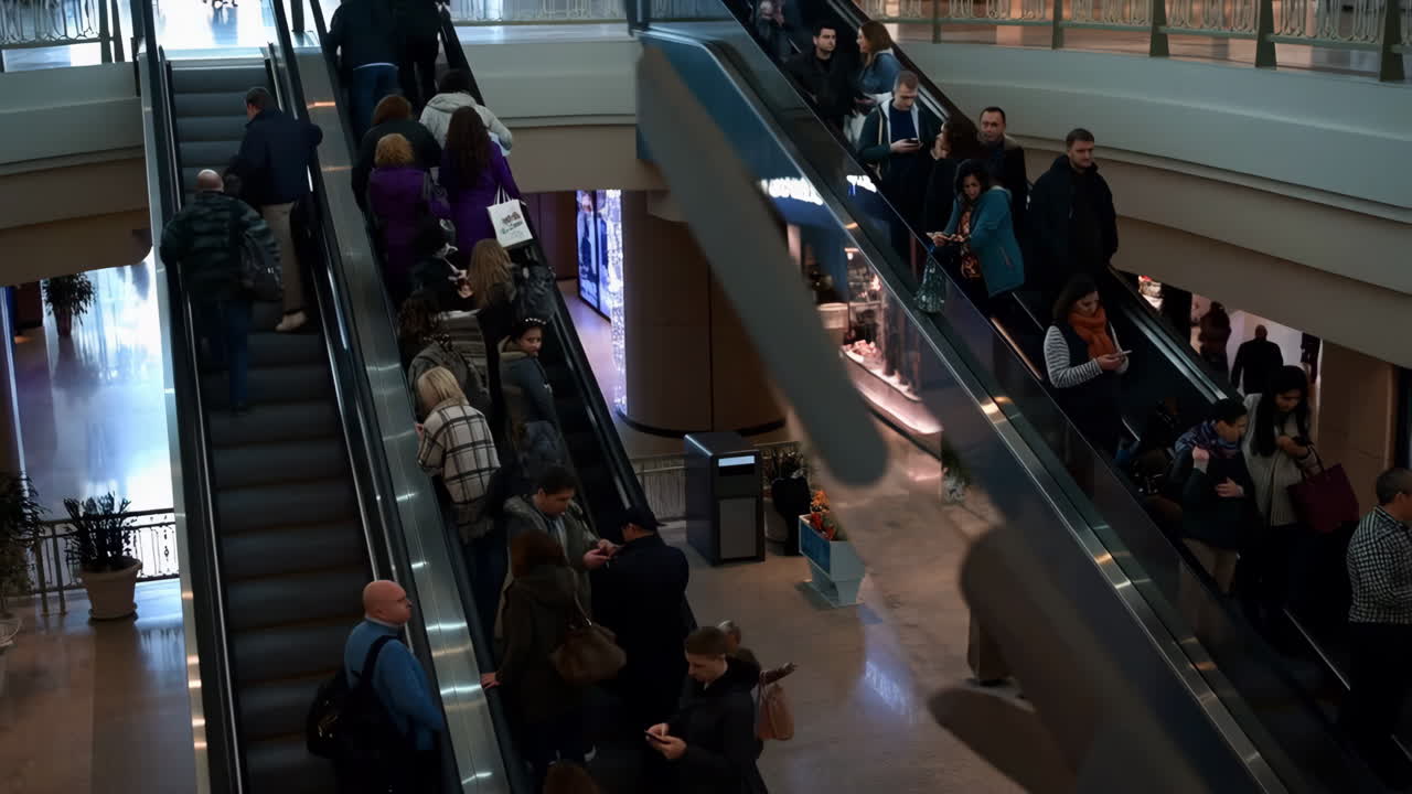 People on Escalators in a Mall