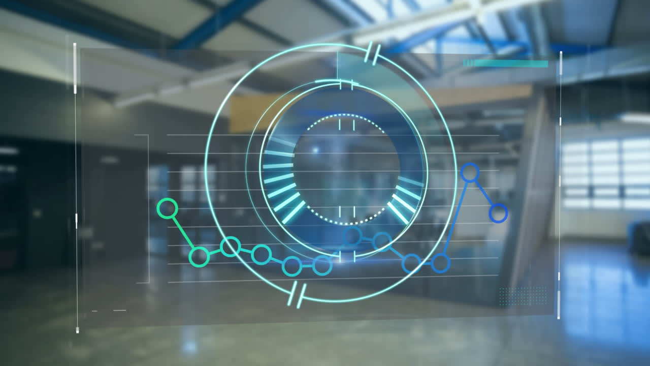 animación de un círculo azul girando con un gráfico sobre una oficina vacía