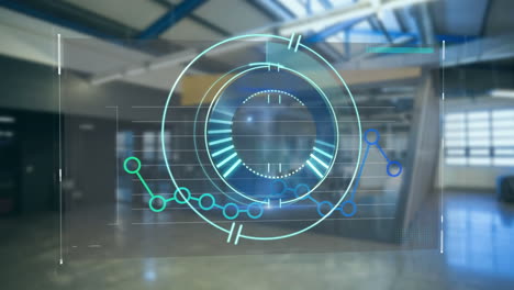 Animation of a blue circle spinning with a graph over an empty office