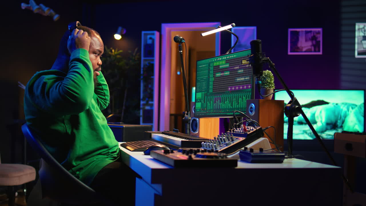 Sound producer working with console and electronic keyboard to create tracks