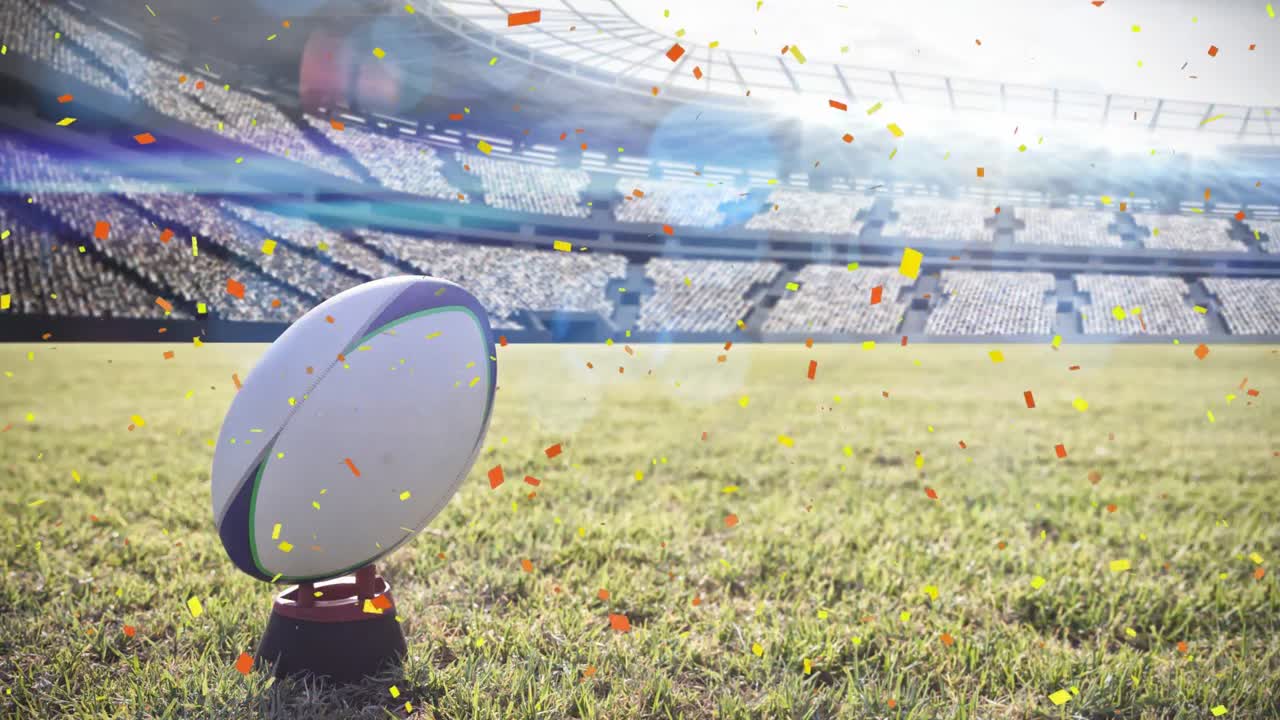 경기장에서 럭비 공 위에 떨어지는 콘페티의 애니메이션