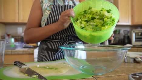 verter lechuga romana picada de la centrifugadora de ensaladas en un tazón - serie de ensalada antipasto