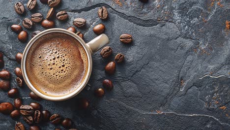 top view of coffee beans in a rustic wooden bowl