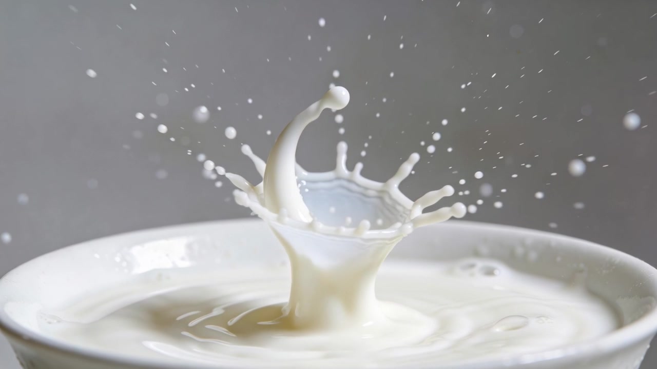 落下する水滴が牛乳に当たり、浅い白いボウルから柱が立ち上り、冠状の飛沫が飛び散る