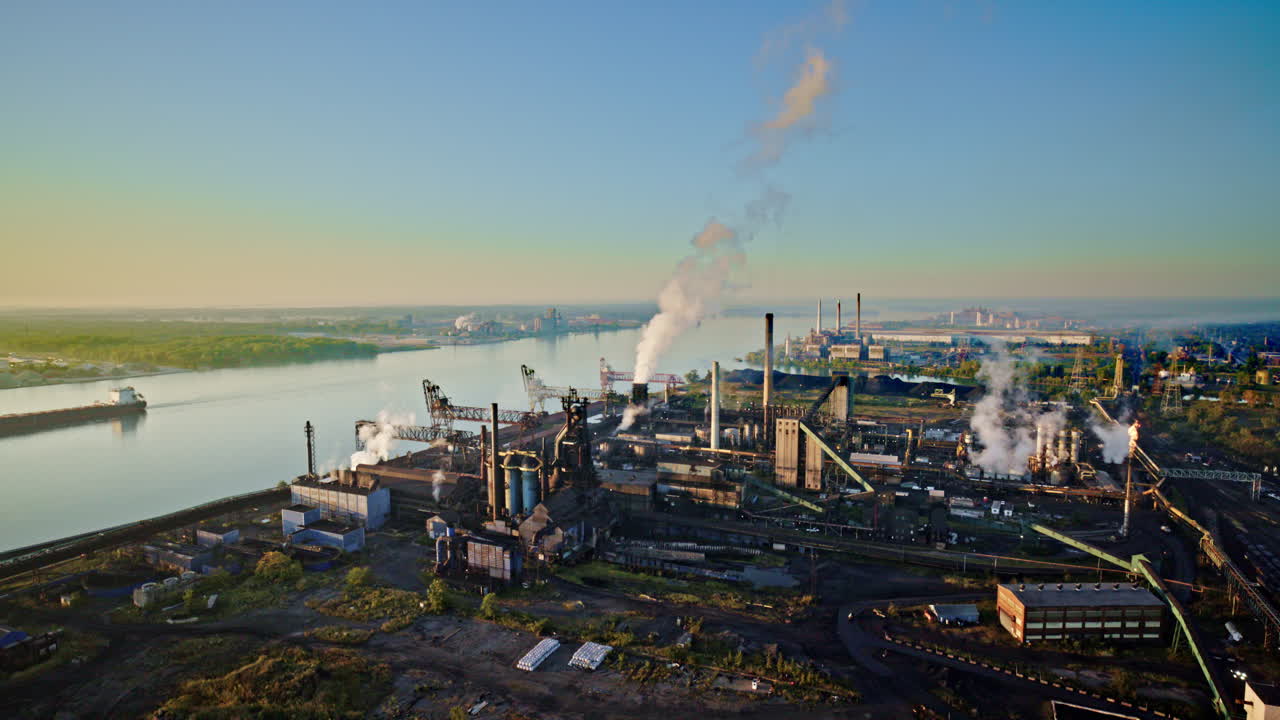 Drone shot of freighter cruising down the detroit river with industrial landscape of in foreground
