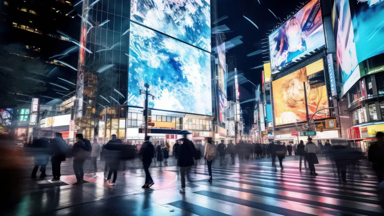 Vibrant cityscape at night with blurred crowds and bright billboards