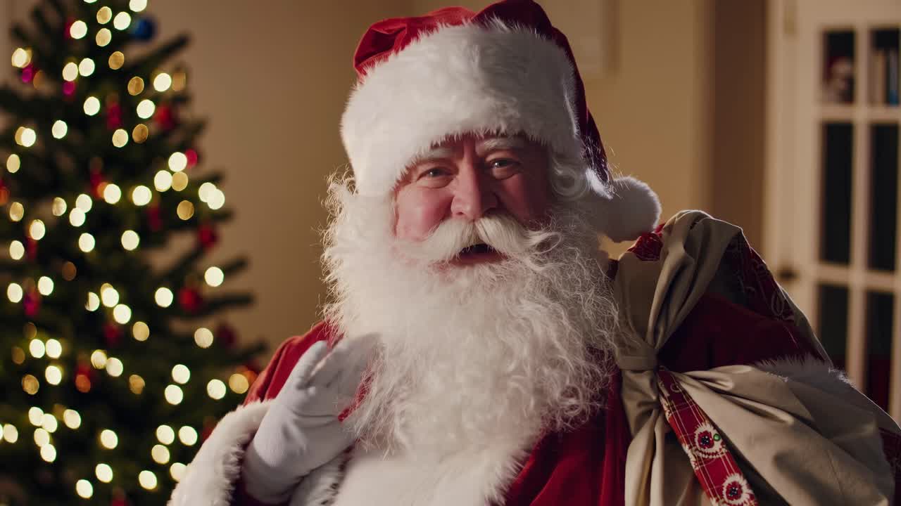 Fotogramma festivo di un video di Babbo Natale che sorride calorosamente, ripreso da un angolo medio