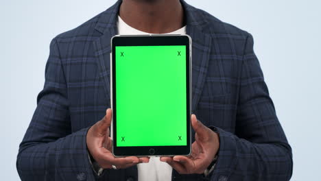 Businessman,-hands-and-tablet-with-green-screen