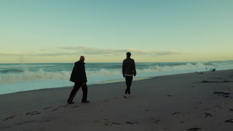 silhouette of two men walking in nature beach at morning time