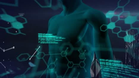 animación del procesamiento de datos científicos sobre el cuerpo humano en el fondo.