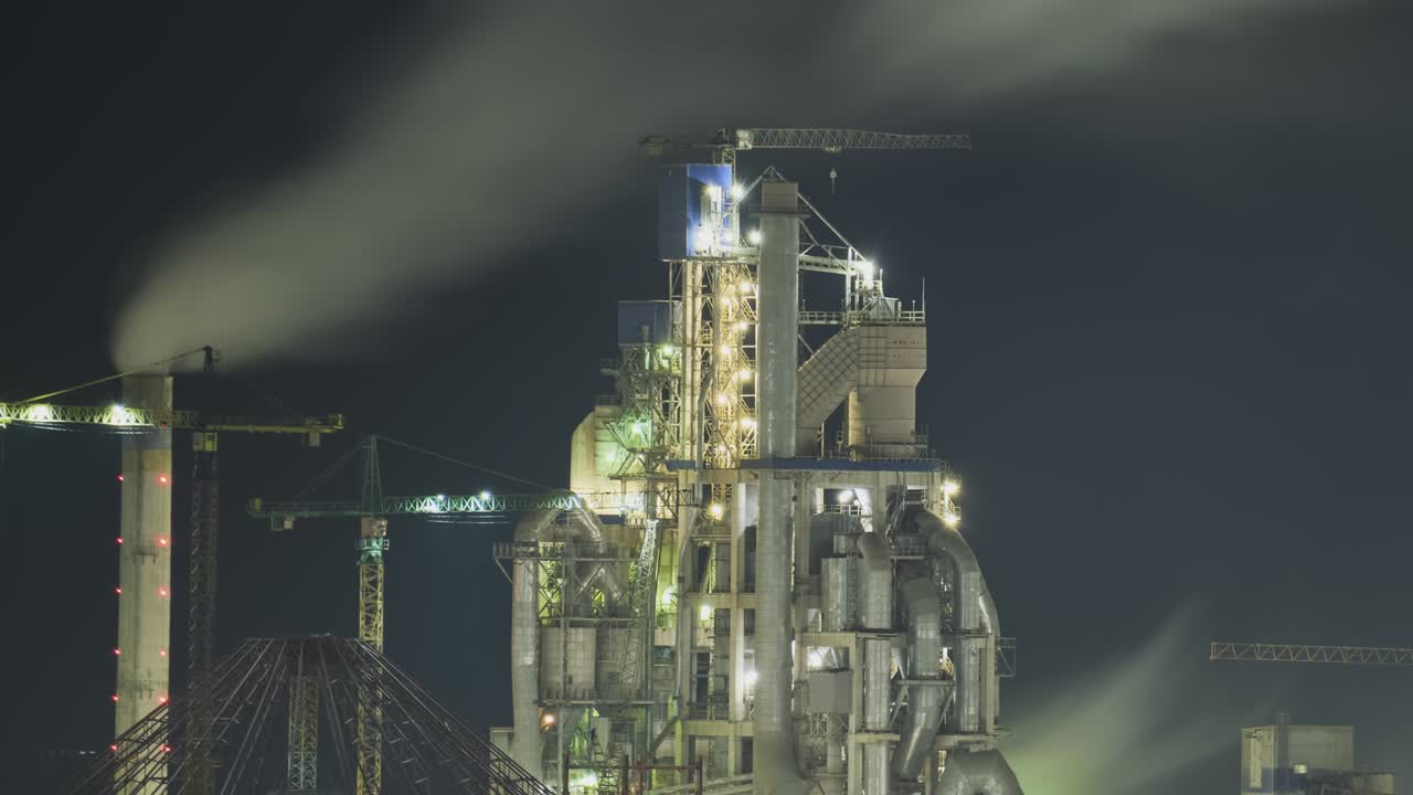 estructura de hormigón alta de la fábrica de cemento con grúa torre y chimenea de humo por la noche. producción industrial y concepto de contaminación del aire