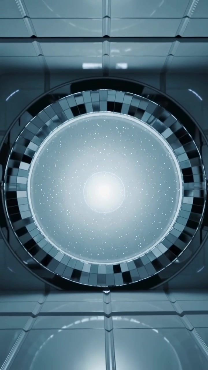 Video verticale: La telecamera si allontana rivelando un anello interno di un globo luminoso in una griglia di pannelli, con scintille che fluttuano.