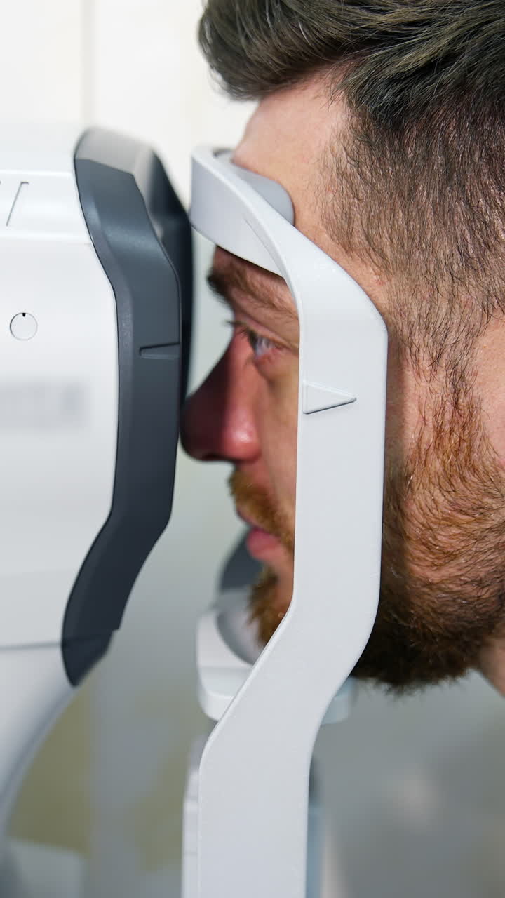 Male patient in ophthalmology clinic checks eyesight on special modern equipment. Selective focus on man`s face. Vertical video