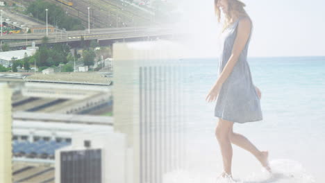 composite of happy woman walking on sunny beach, with fast speed traffic in city