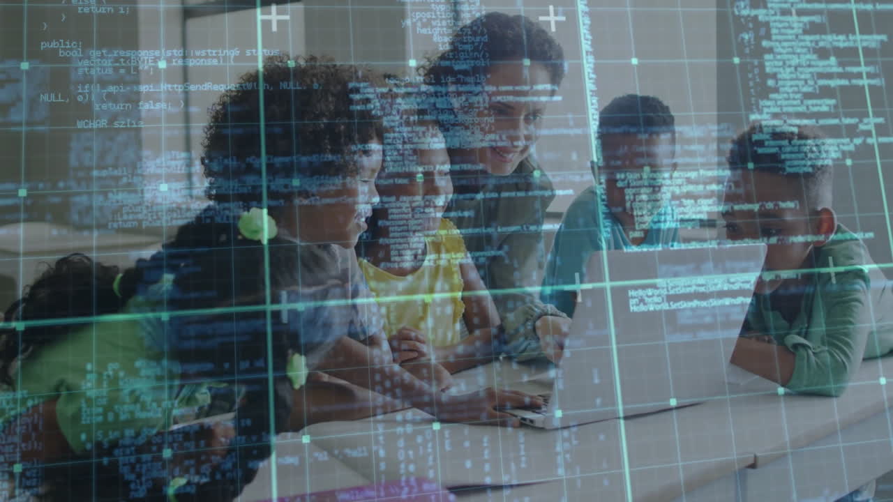Children and teacher using laptop with digital data processing animation overlay