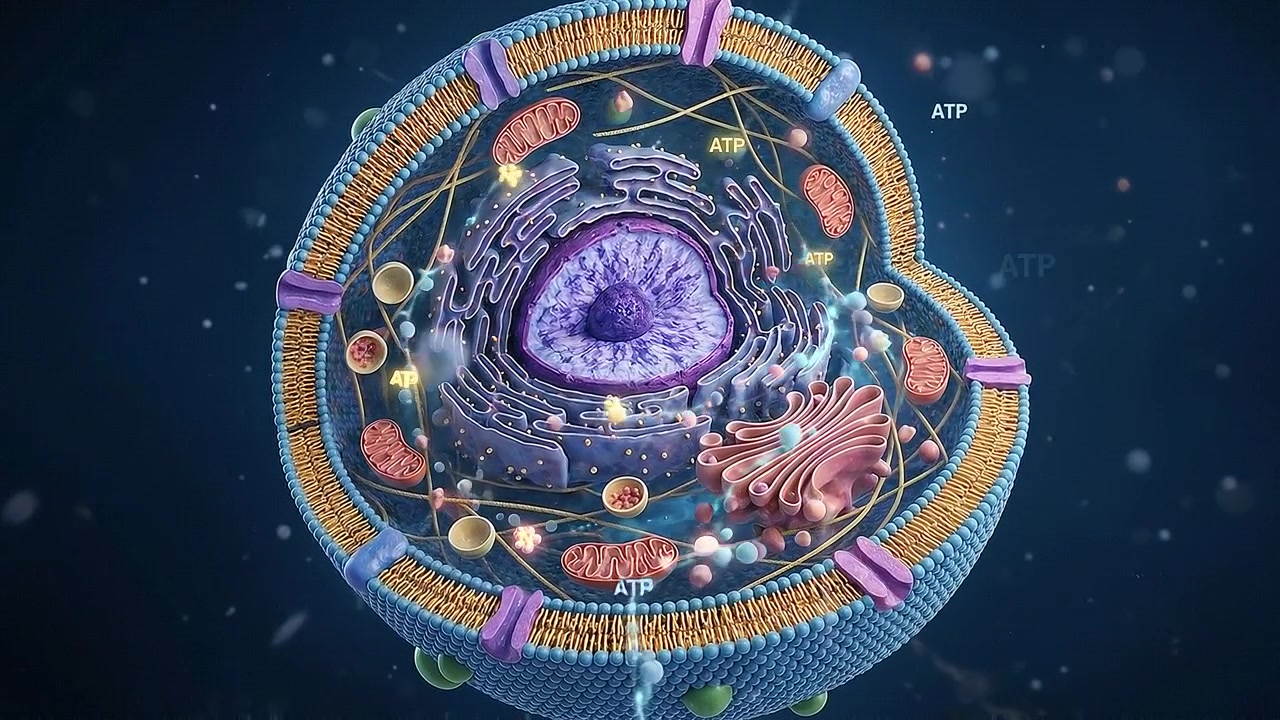 Sezione trasversale colorata di una cellula animale che mostra il nucleo e gli organelli interni.