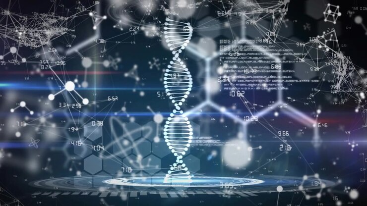 Animation of chemical and molecular structures floating over dna structure and data processing
