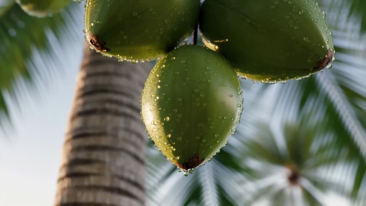 Close-up of Green Coconuts with Water Drops on a Palm Tree
