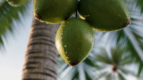 close-up of green coconuts with water drops on a palm tree