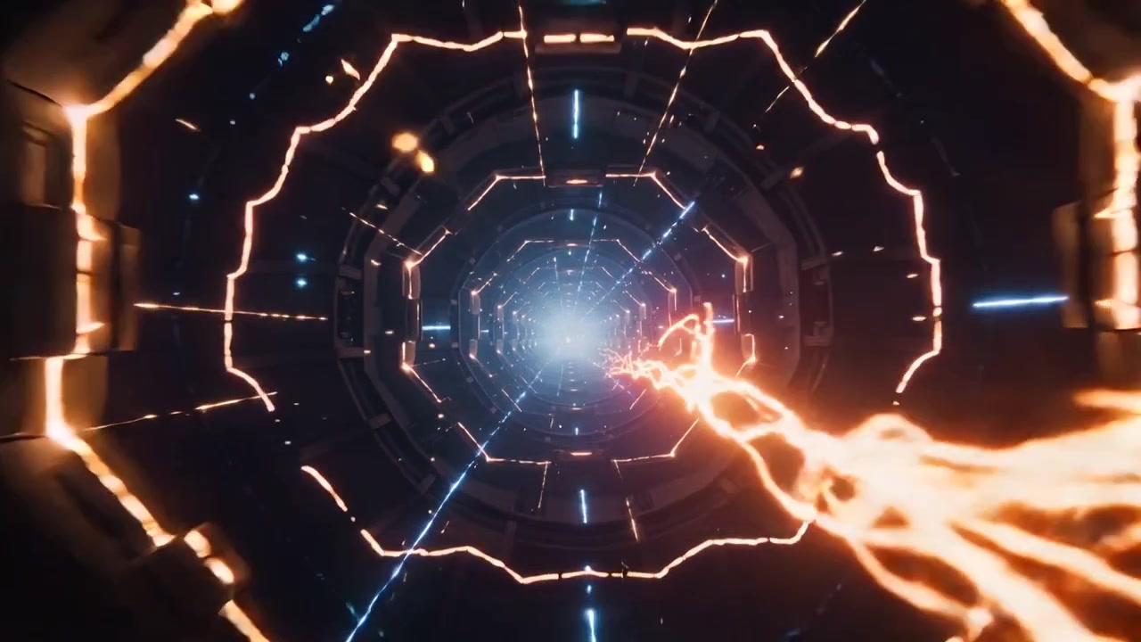 Originating lower-right, filament traveling through octagonal shaft, powering core and rings