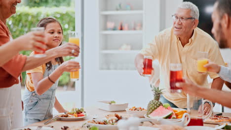 family, cheers and juice at home for food