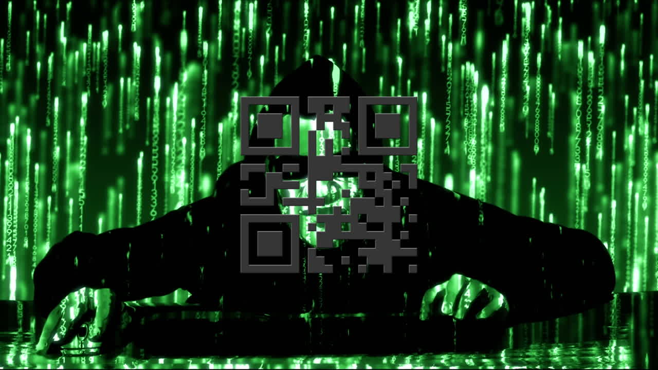 animación digital de código qr verde neón brillante y rastros de luz que caen sobre el hacker masculino