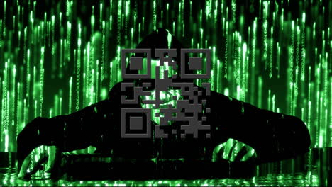 digital animation of glowing neon green qr code and light trails falling over male hacker