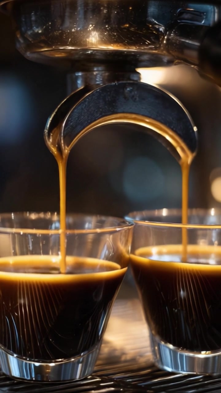 Ricco espresso scuro versato da una macchina da caffè espresso in due tazze di vetro trasparente, mostrando un flusso liscio e una consistenza viscosa della bevanda al caffè.