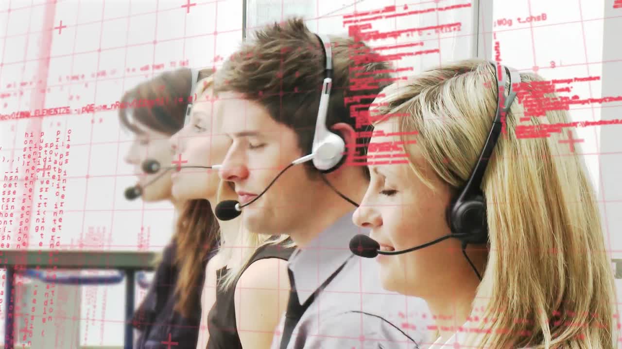 휴대폰 헤드 ⁇ 을 착용한 사람들 위에서 금융 데이터 처리의 애니메이션