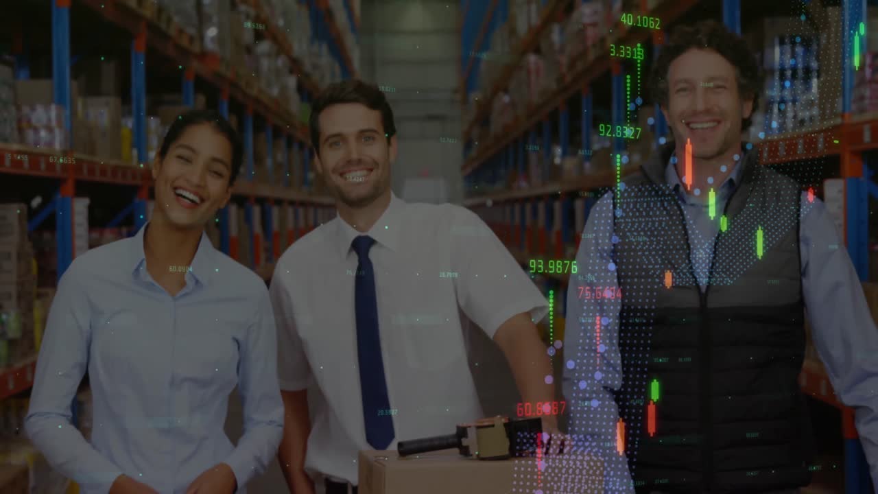 창고에 있는 사람들에 대한 금융 데이터 처리의 애니메이션