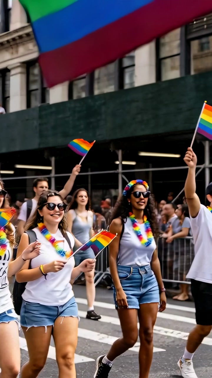 Vertical video: Camera zooming making curly woman in rainbow cape raising arm, waving flag in Pride