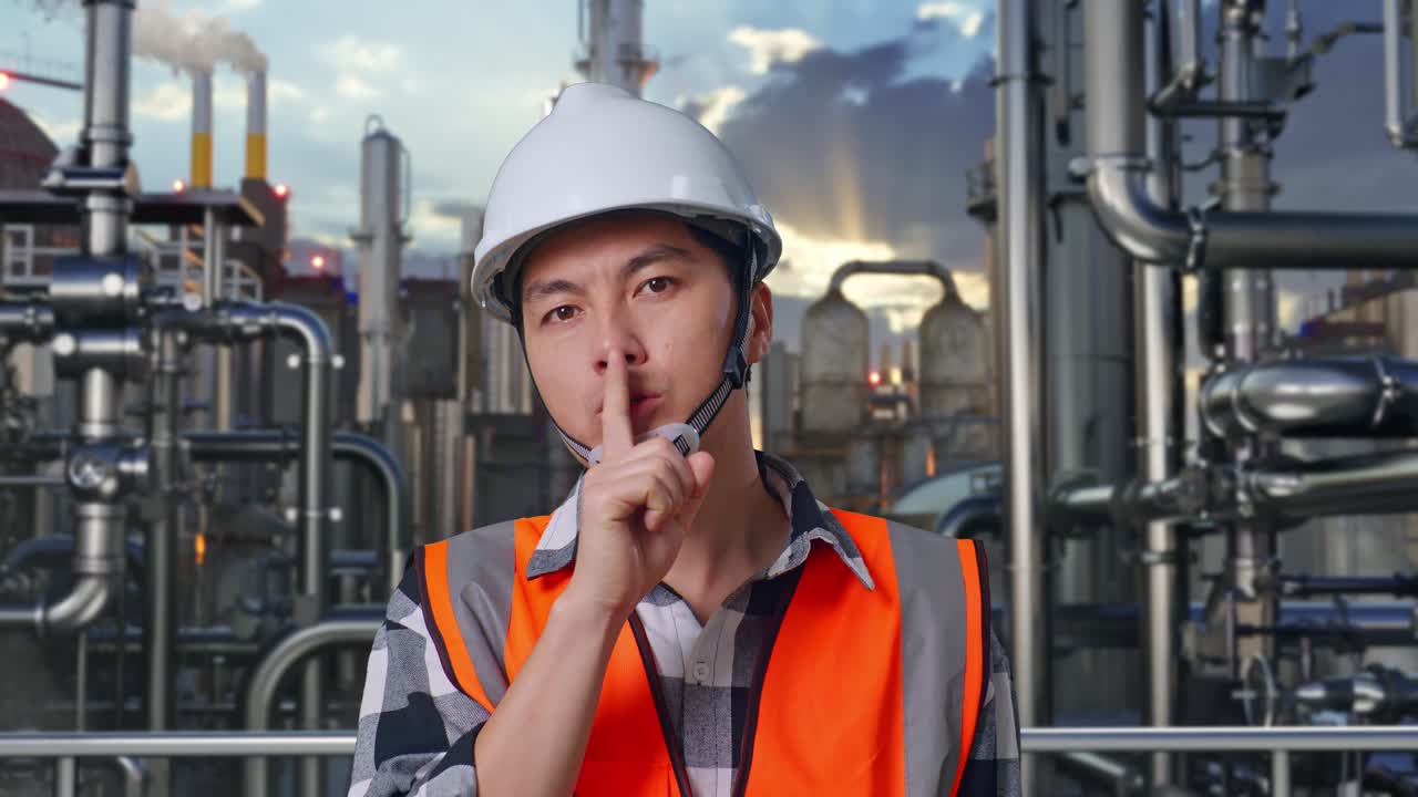 Close Up Of Asian Male Engineer With Safety Helmet Making Shh Gesture While Standing In a Refinery, Oil Processing Equipment And Machinery
