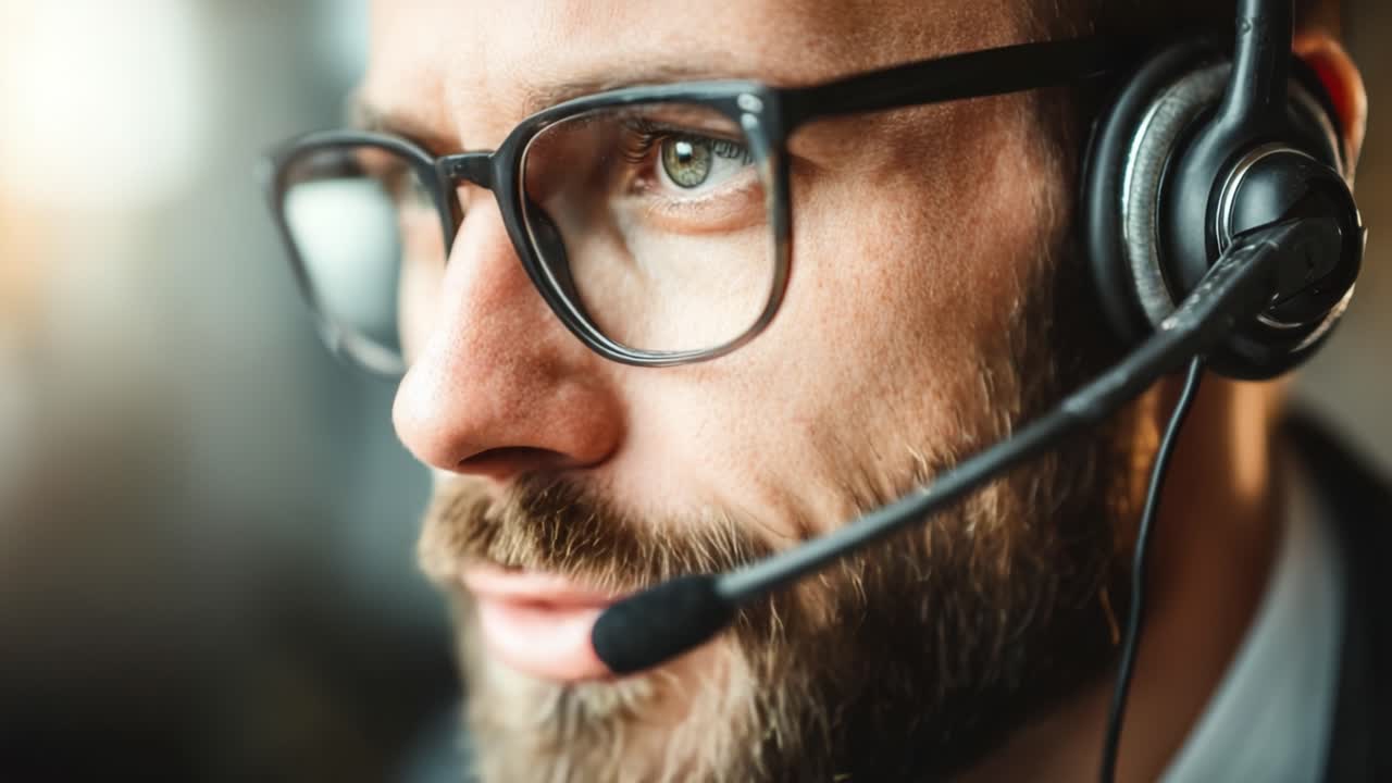 Close-Up Frames of a Man Wearing Glasses and a Headset, Representing Modern Communication and Customer Support in a Professional Environment