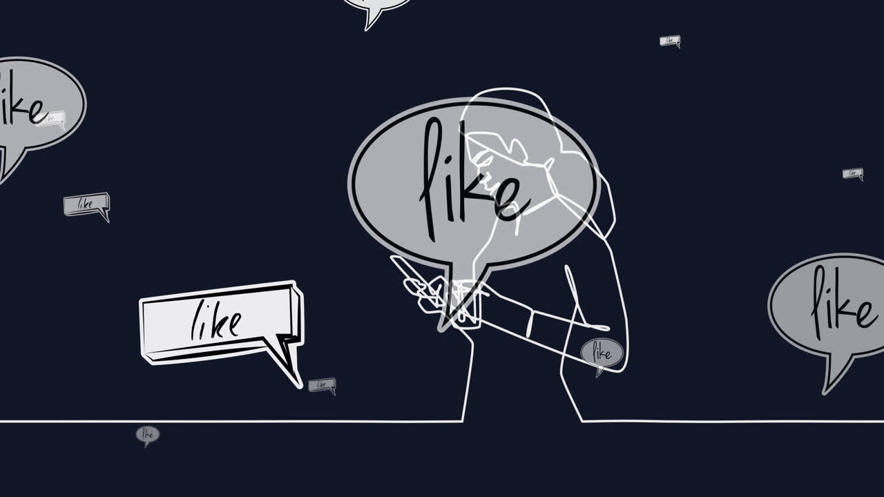 스마트폰을 사용하는 여성의 애니메이션과 음성 거품의 텍스트와 같은